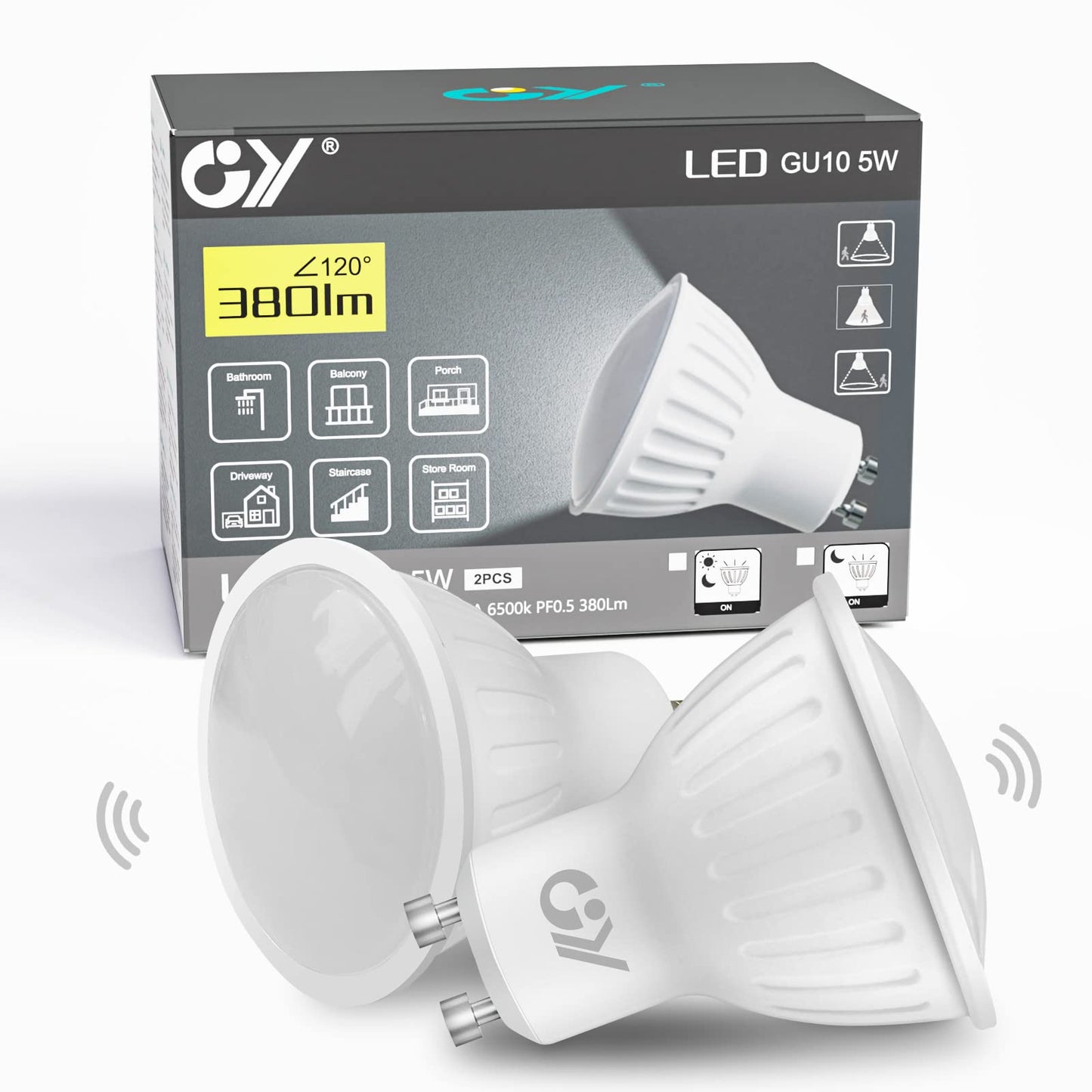 GY GU10 LED Light Sensor Lamp 6500K Cool White Bulbs, 5W 380lm Replaces 40W Bulb, Automatic On/Off, Beam Angle 120°, Not Dimmable, 2 PCS