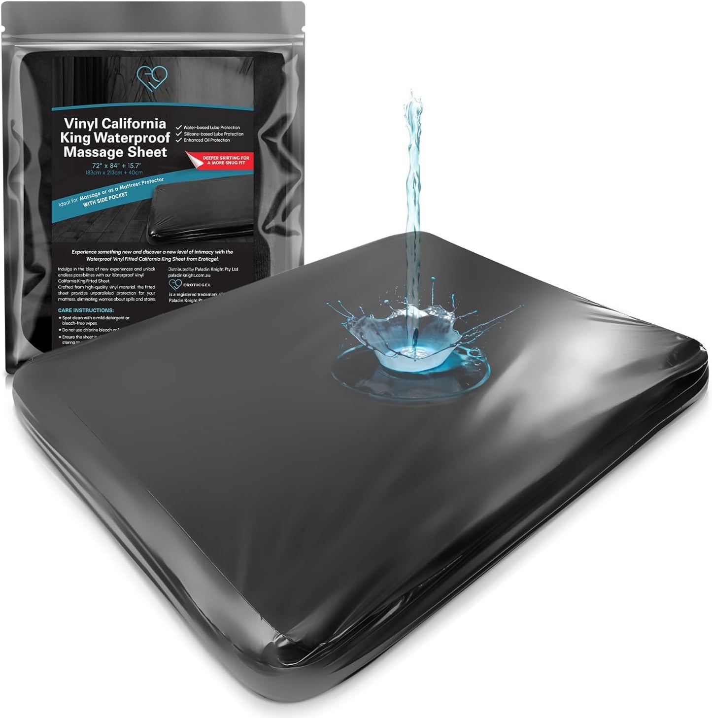 Vinyl Waterproof Fitted Sheet, California King 72 x 84 inches, 15.75" Deep Pocket, Phthalate-Free Black Wipe-Clean Mattress Protector with Side Pocket & Repair Kit, for Massage Oil & Silicone