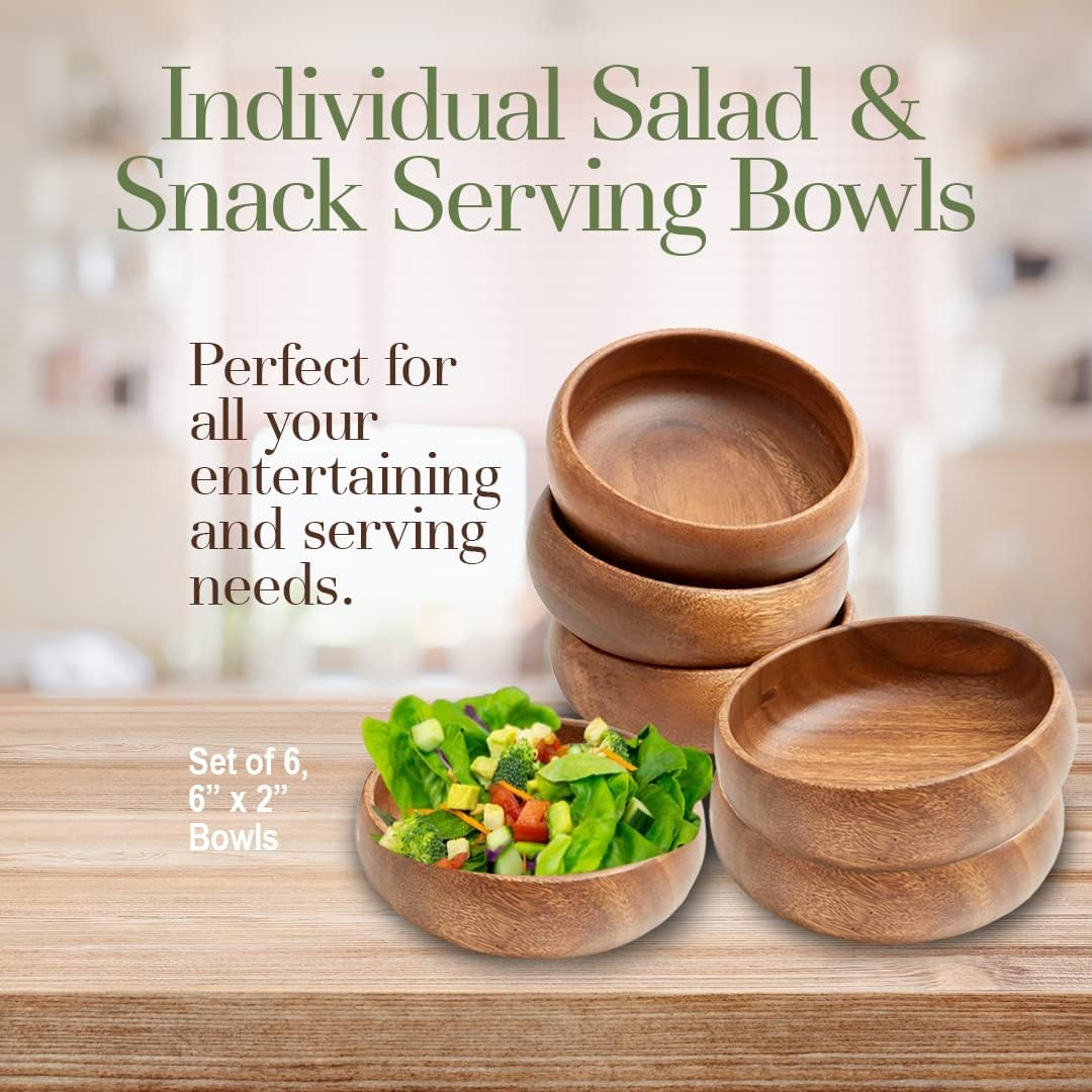 Woodard & Charles Acacia Wood Snack Serving Bowl, 6" x 2" (Set of 6)