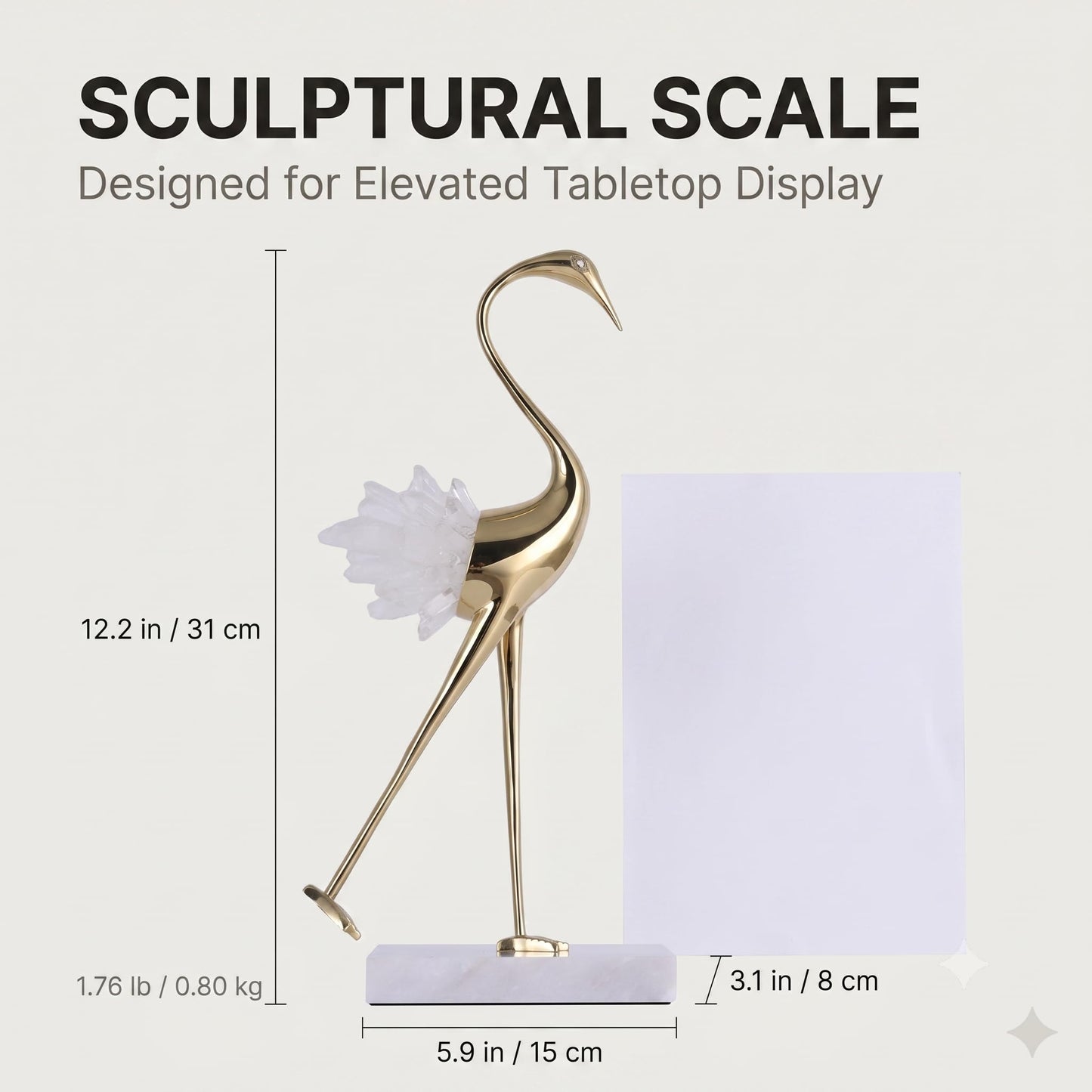 suruim Elegant Gold Crane Bird Statues with Crystal Tail Accents, Decorative Brass Figurines for Home Decor (White B)