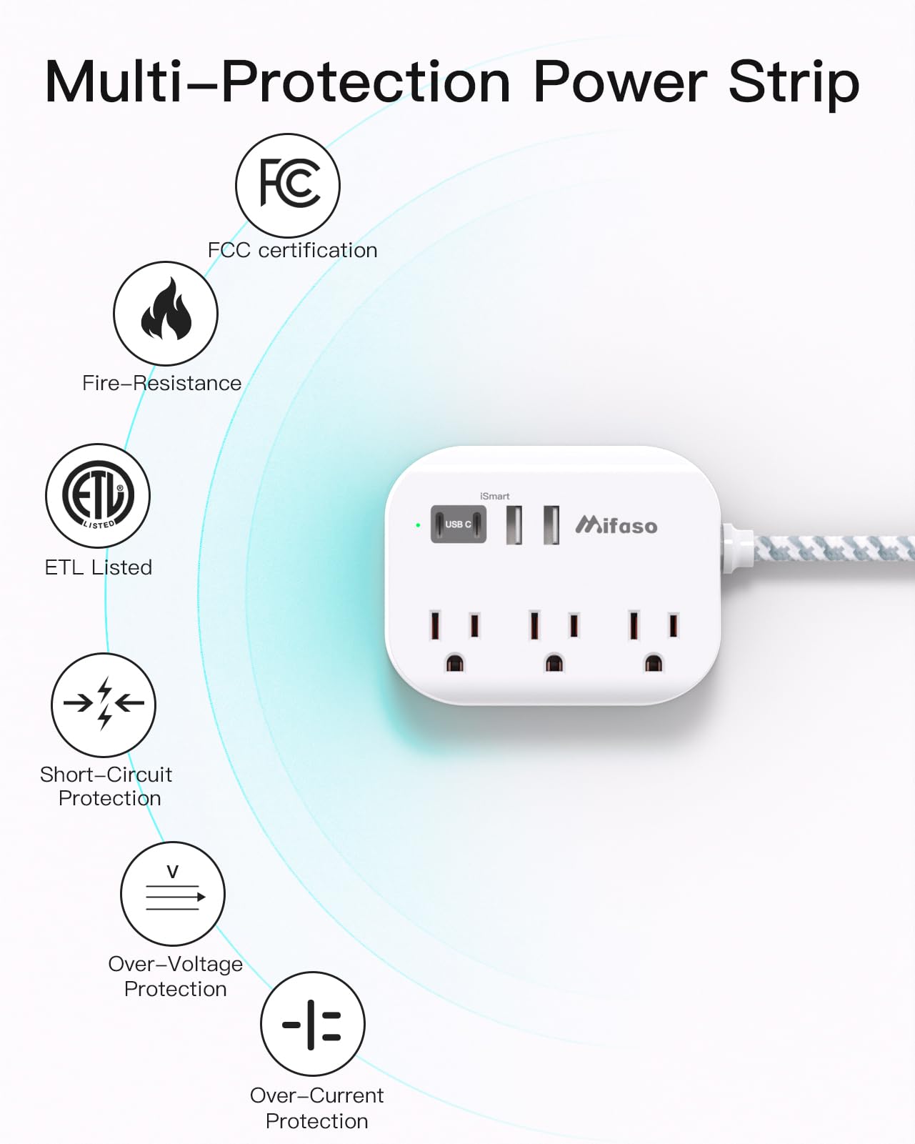 Travel Essentials - Mifaso Power Strip with USB, Compact Flat Plug Extension Cord 5ft with 3 Outlets 4 USB Ports, Non Surge Cruise Must Haves, Cruise Ship Essentials, Dorm Room, Apartment Essentials