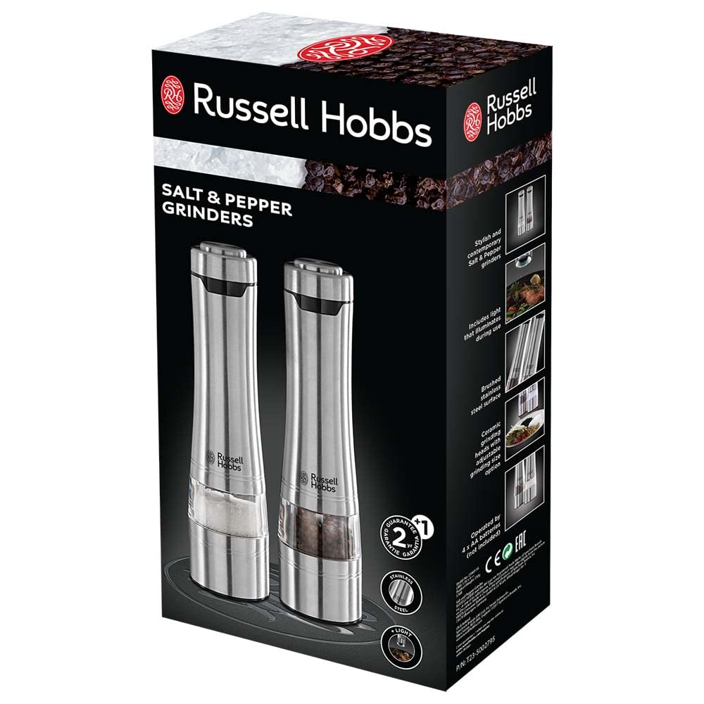 Russell Hobbs Stainless Steel Electric Salt & Pepper Mill Set with Adjustable Ceramic Grinder Heads for fine or coarse Grinding, Battery Operated, Light up During use, One Handed Operation, 23460-56