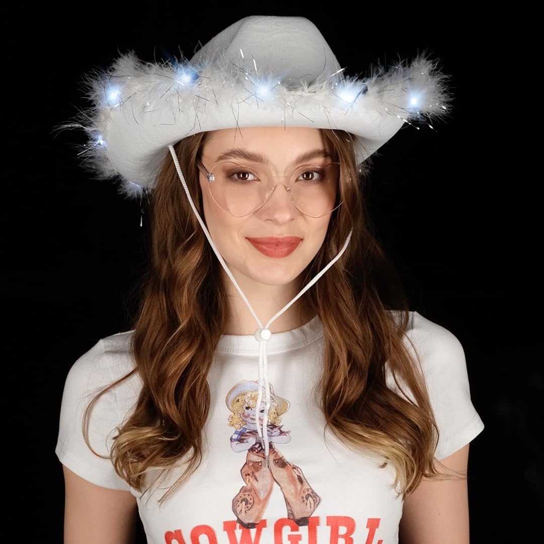 Funcredible White Cowboy Hat and Glasses - Light Up Cowgirl Hat for Girls - Cowboy Hats with Feathers - Taylor Costume - Halloween Hats for Women
