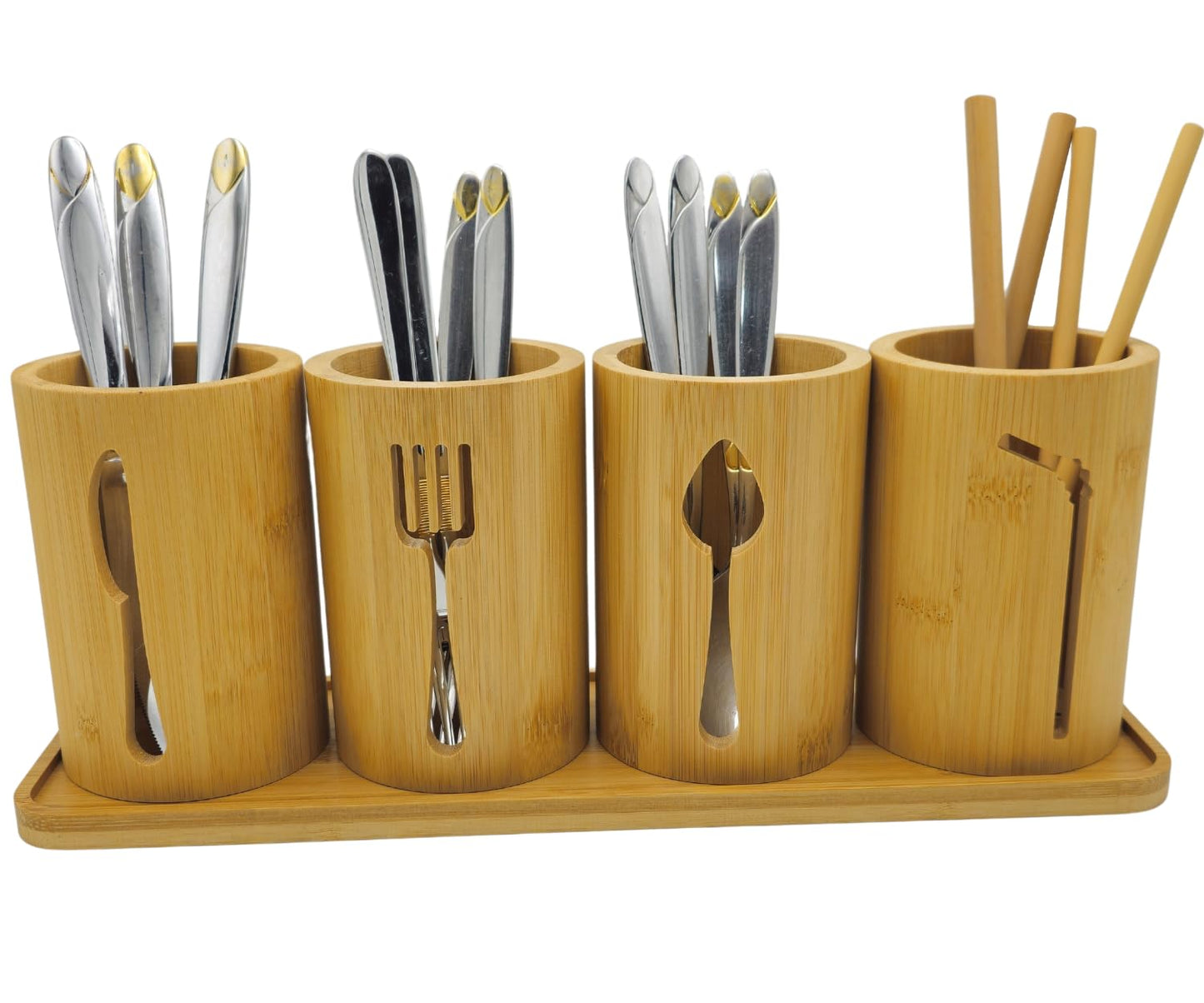 AYAMAX Bamboo Cutlery Holder Set - 4 kitchen Utensils Holder with Bamboo Tray | Decorative kitchen countertop Cutlery Stand | Utensil holder - knife, fork Spoon and Straw holders