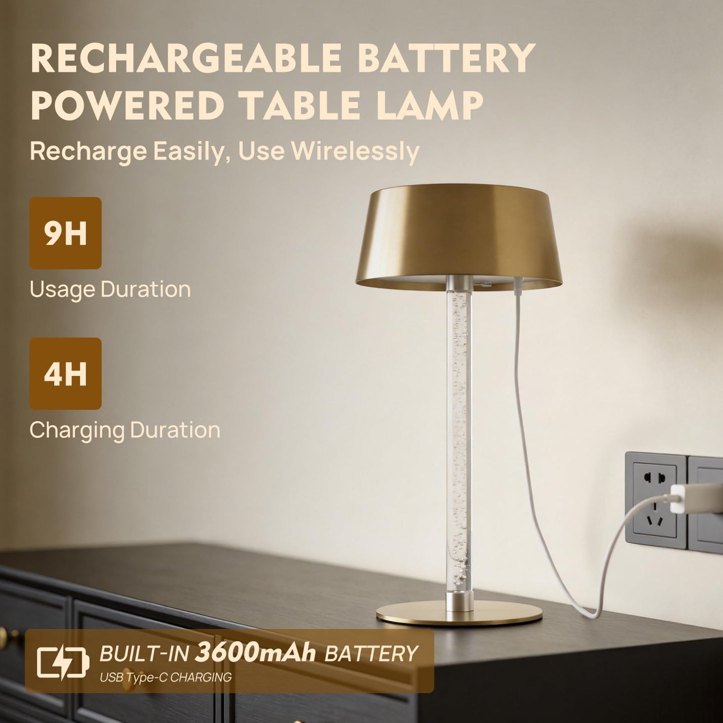 SisiHokai Waterproof Shower Rechargeable Lamp Cordless, LED Touch Battery Operated Table Lamp, Dimmable, Modern Home Decor, Outdoor, Patio, Bathroom, Bedroom, Bedside, Kitchen, Gold