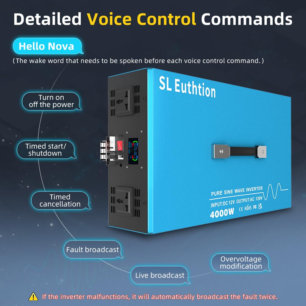 SL Euthtion 4000W Pure Sine Wave Power Inverter Voice Control AI Voice Assistant Support English 12V to 120V 60HZ with LCD Display, USB Port, for Car Home Laptop Truck