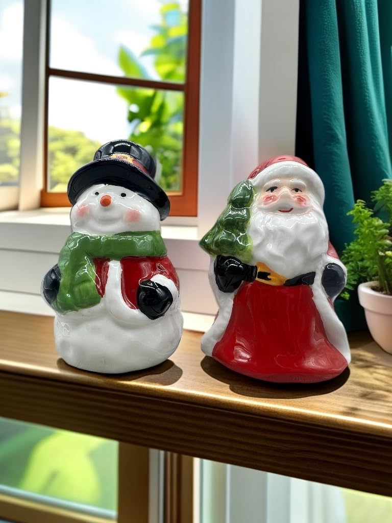 Christmas Elements Salt and Pepper Shakers Small and Cute Ceramic Salt Shaker & Pepper Container Set with Design Unique Fun Kitchen Decor Spice Dispenser Seasoning Snowman and Santa Claus Set of 2 (A)