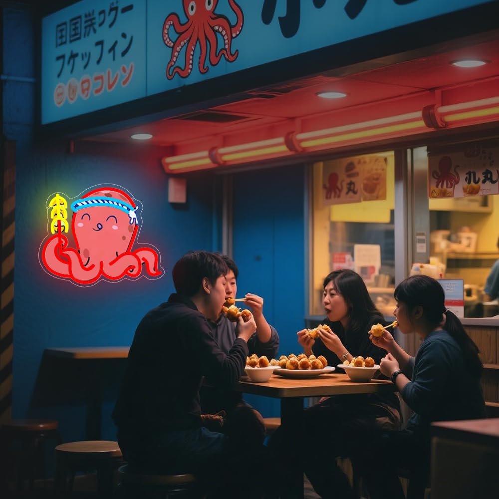 RuCvixkt Takoyaki Octopus Neon Signs for Wall Decor, Japanese Anime Sushi Neon Sign USB Powered Light for Food Shop Kitchen Living Room Restaurant Decoration