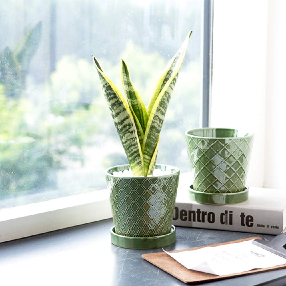 BUYMAX Plant Pots Indoor –5 inch Ceramic Flower Pot with Drainage Hole and Ceramic Tray - Gardening Home Desktop Office Windowsill Decoration Gift, Set of 4 - Plants NOT Included (Patina)