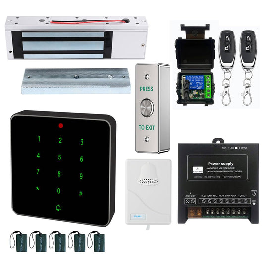 Electric Magnetic Lock Kit 1200lb Electromagnetic Lock Waterproof RFID Keypad with Press to Exit Button Doorbell Chime and Remote Control for Door Access System