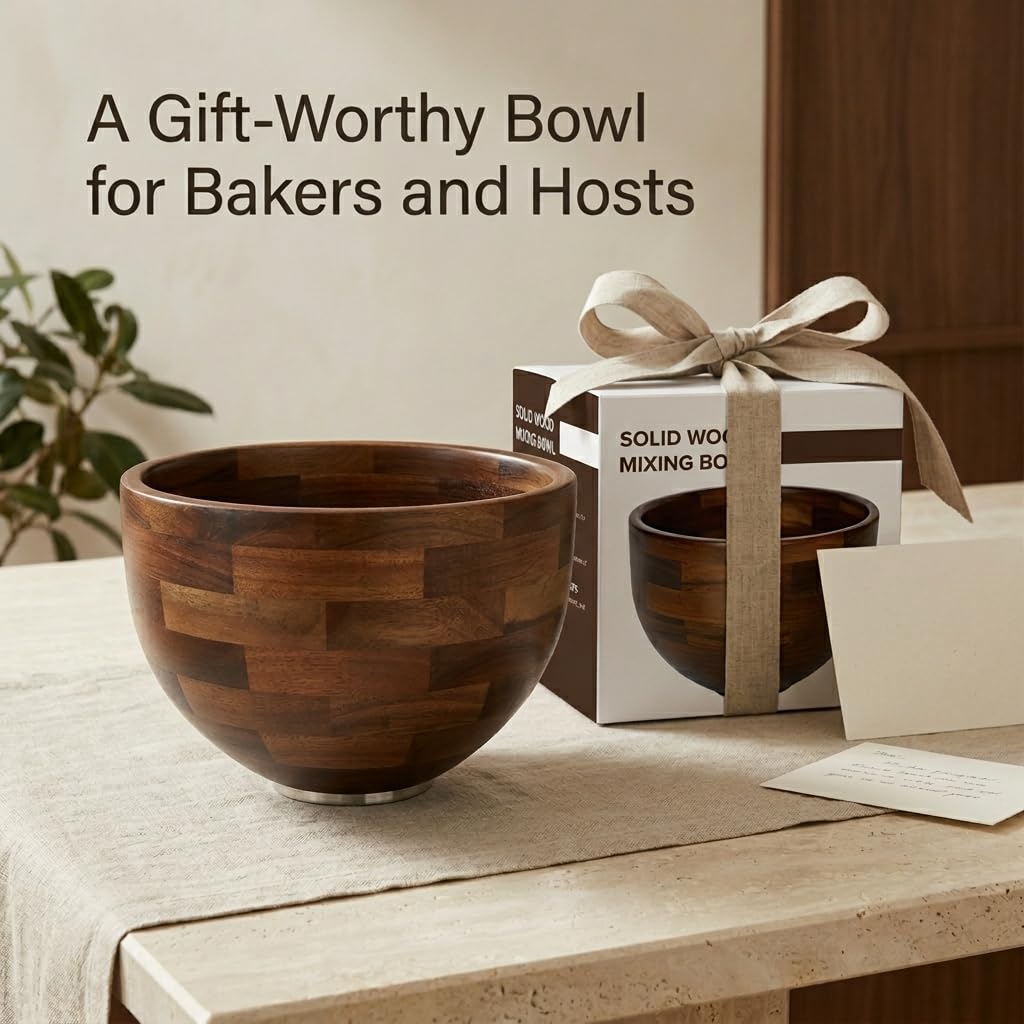 Handcrafted Wood Mixing Bowl for KitchenAid Tilt-Head Stand Mixers, Natural Wooden Bowl with Stainless Steel Base, 4.5–5 Qt, Natural Wood