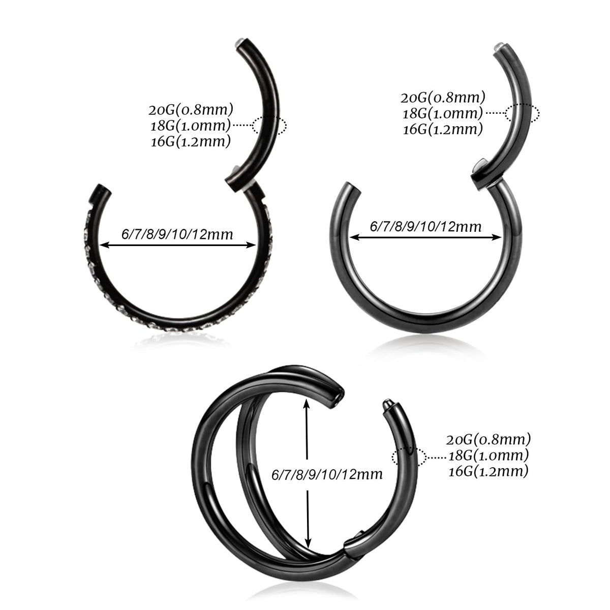 GAGABODY Conch Piercing Jewelry Nose Ring Hoop Earrings 20g Nose Hoop Black 6mm Septum Jewelry Surgical Steel Septum Ring with CZ Septum Clicker Lip Rings Helix Earring Double Hoop Cartilage Earring