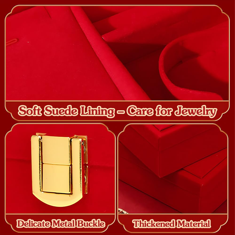 BAIWOVIS Chinese Wedding Jewelry Box for Groom, Double Happiness and Loong Phoenix Design, Chinese Engagement Red Velvet Presentation and Storage Case Gift Box for Gold Jewelry