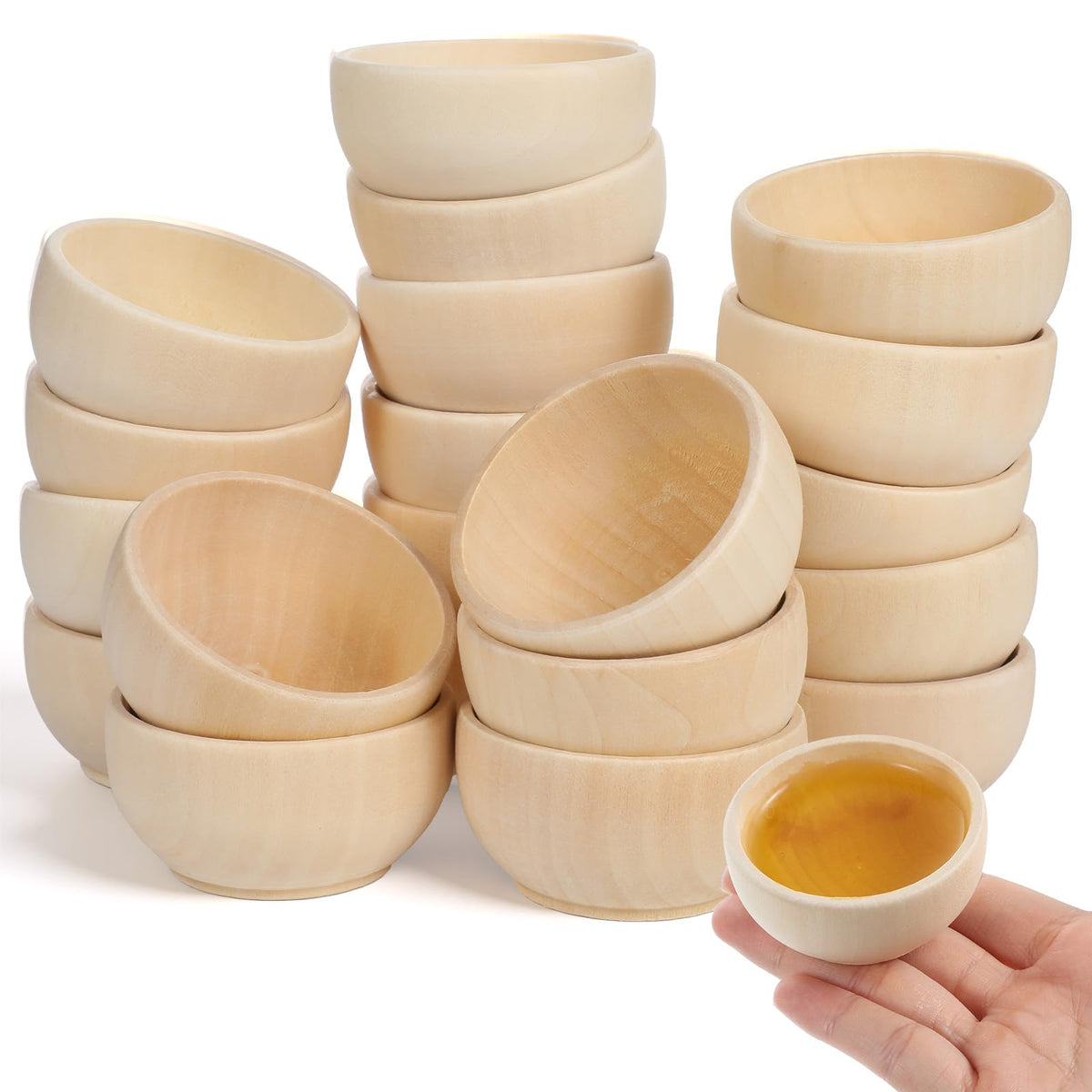 Asbiaxb 20 Pack Small Wooden Bowls, Mini Pinch Bowls, 1.5 Oz Unfinished Tiny Wood Condiment Bowsl for DIY Crafts, Sorting, Dipping Sauce, Nuts, Spice, Candy, 1.2 X 2.4 Inches