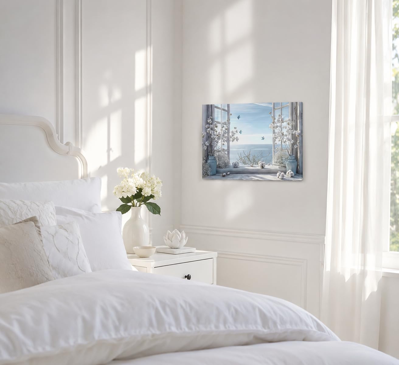 Coastal Flower Bathroom Canvas Wall Art Farmhouse Cotton Bouquet and Butterfly Bathroom on Window Wall Decor Rustic Blue Beach Butterfly Poster Print for Living Room Bedroom Restroom Home Decoration