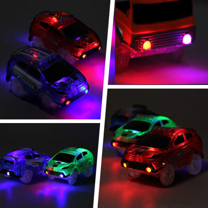 Car Tracks Replacement, Glow in The Dark Toy Cars With 5 Flashing LED Lights, Racing Accessories Compatible With Most Tracks for Kids Boys and Girls (4 Pack)