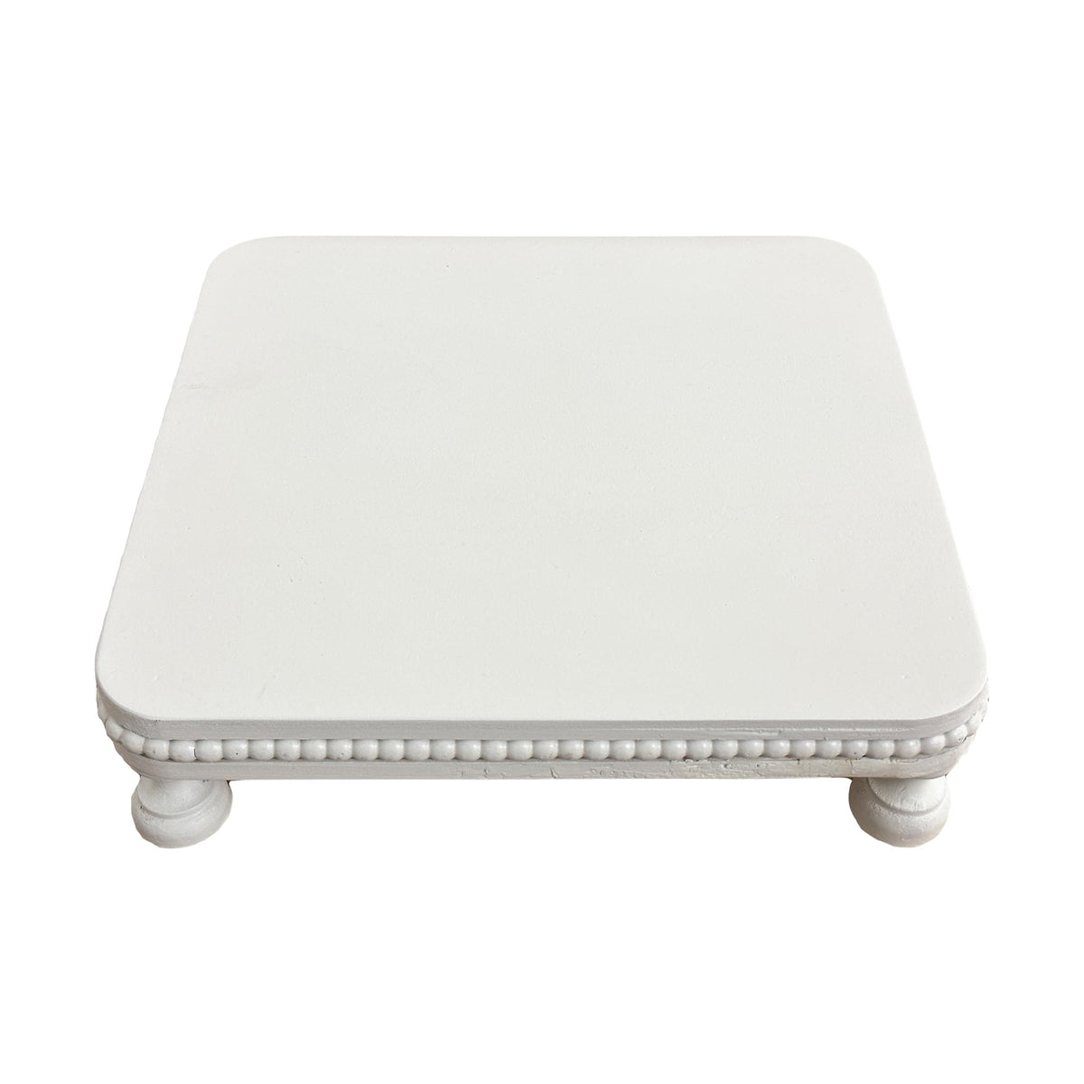 dwellington Farmhouse Display Wood Riser, 12" Decorative Beaded Pedestal Stand, Square Tiered Tray Decor for Kitcher Decor, Countertop (White)