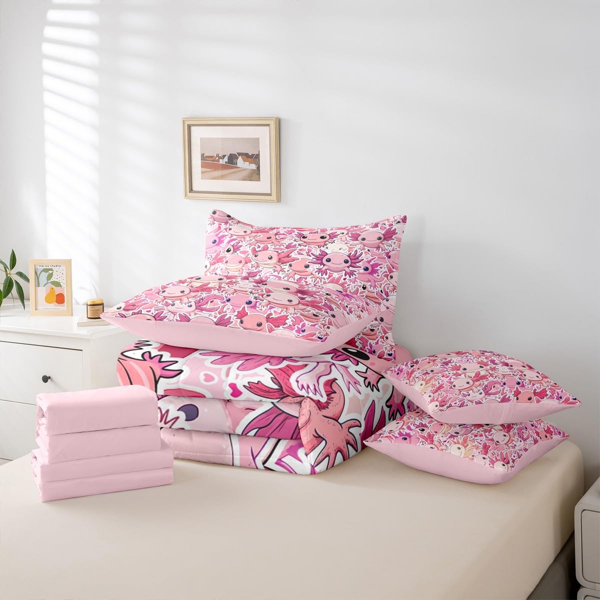 Erosebridal Girls Pink Axolotl Queen Comforter Set Kids Cute Axolotl Bed in a Bag with Flat and Fitted Sheet Kawaii Coastal Ocean Animal 7-Piece Bedding Set Cartoon Salamander Quilt Duvet Sets