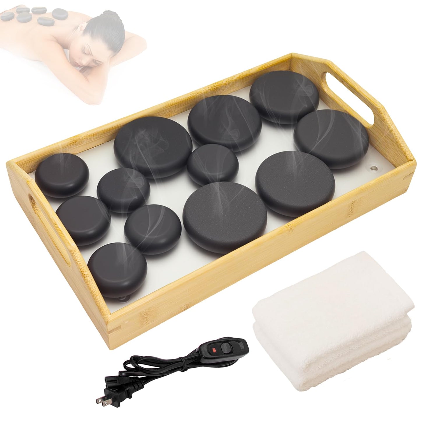 Goodtar Hot Stones Massage Set with 12 Stones & 2 Towels – Massage Tools for Deep Tissue Pain Relief | Professional Hot Rocks Massage Stones Warmer Kit with Bamboo Heater Box for Home Spa Warming