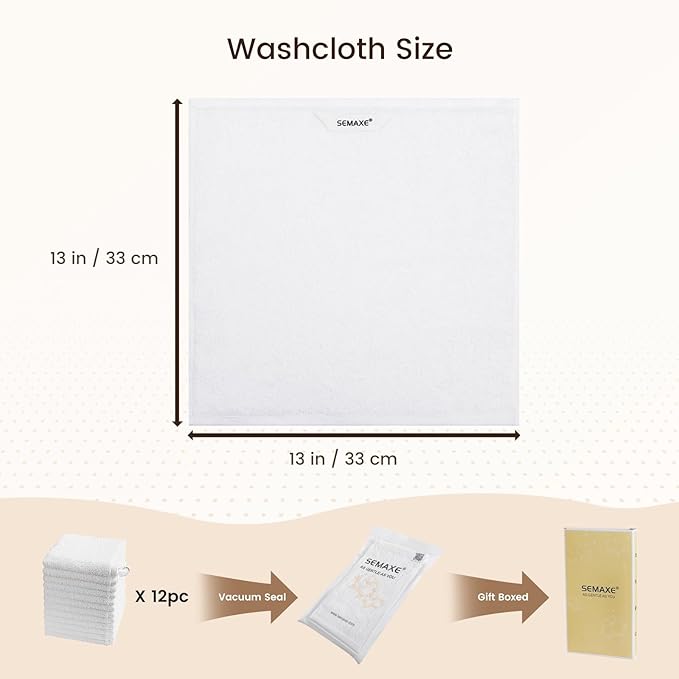 SEMAXE 100% Cotton Washcloths 12-Pack, 13 × 13 Inch Soft Luxury Face Towels –