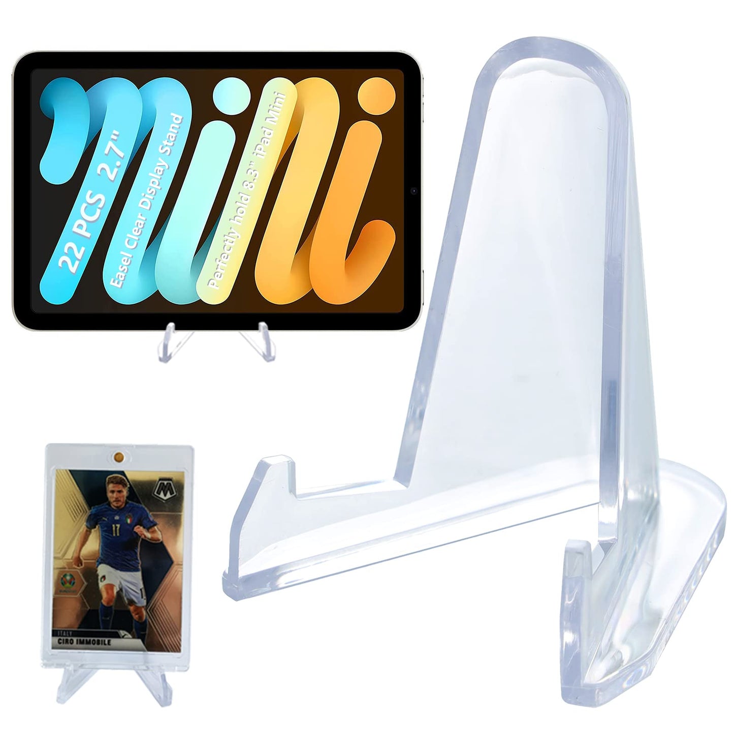LRANFOW Thickened Acrylic Card Stands Mini Easel Holder, Sports Card Stands, Trading Graded Card Stand for Displaying Pocket Graded Card Challenge Medals Casino Chips, 22 Pack 2.7 Inch Tall Clear