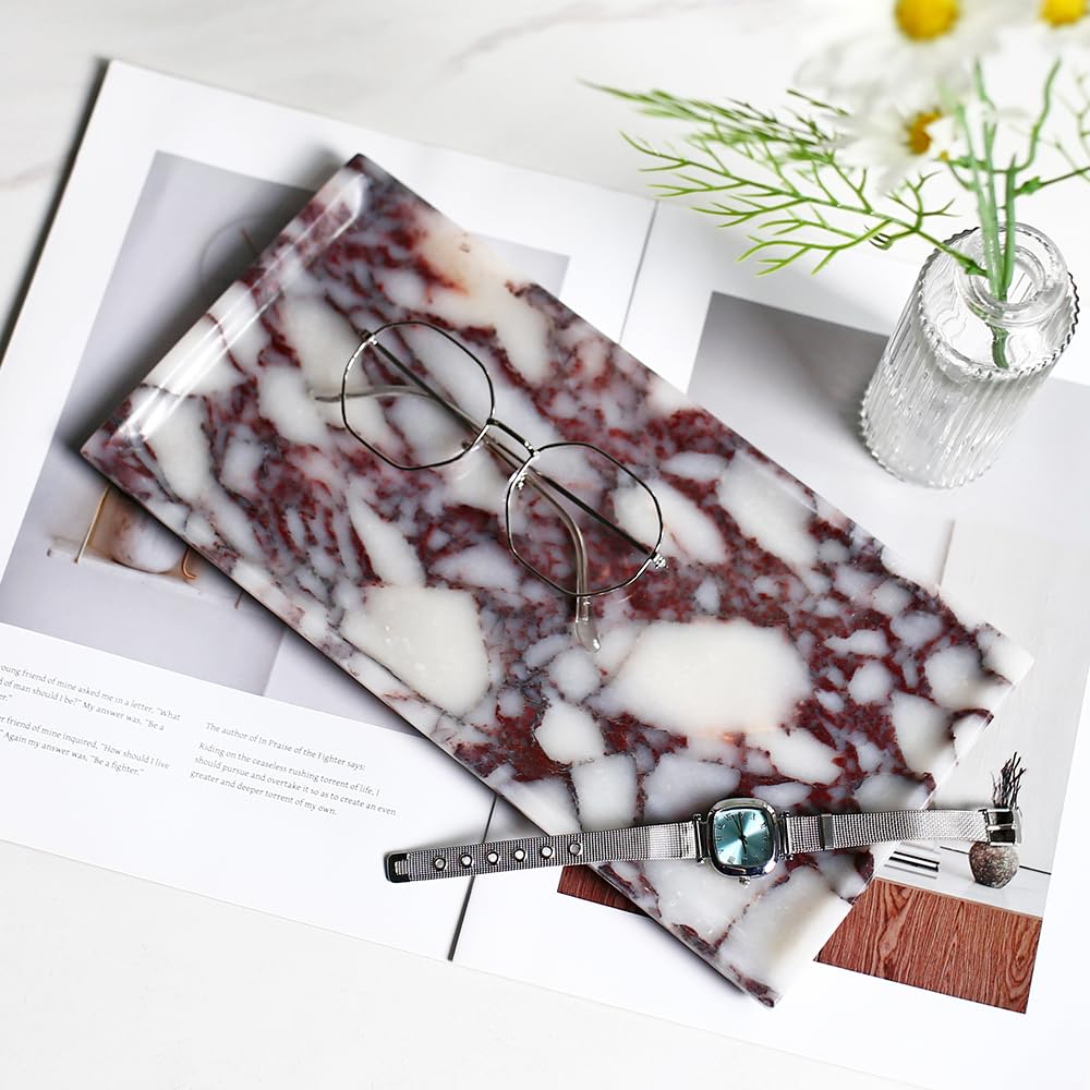 DUANYAN Natural Marble Tray, Coffee Table, Food, Fruit, Paper Cup, Cake Display, Coffee bar, Family Gatherings, Seasonal Holiday Decoration Tray(Viola-rectangle-11 x5 x0.7)