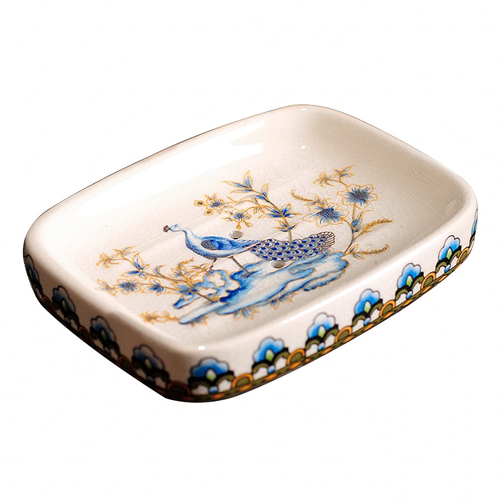 Kelake Ceramic Soap Dish Creative Ice Crack Ceramic Peacock and Flower Pattern Soap Dish Holder for Bathroom and Shower Soap Tray Box with Drain Gift for Mum Family