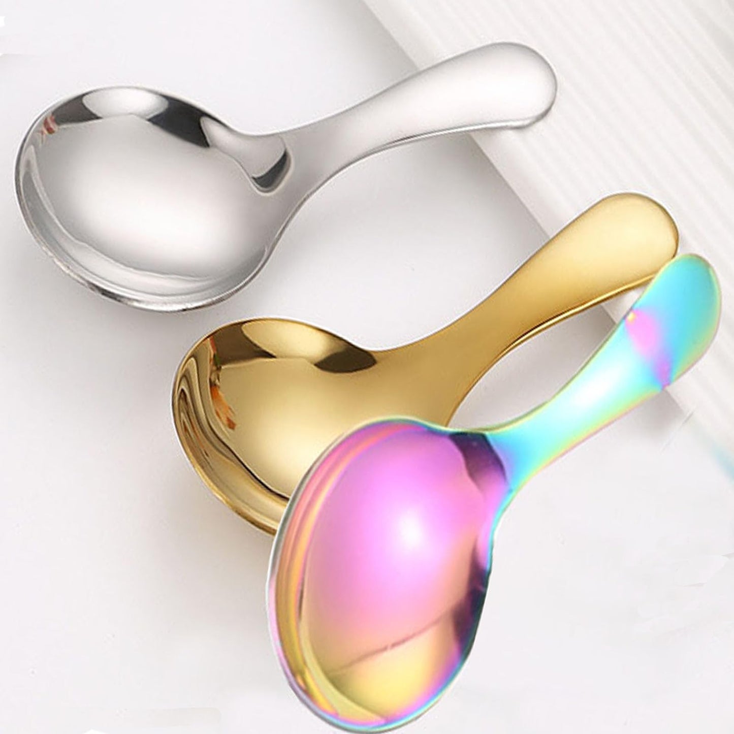 6 Pcs Stainless Steel Short Handle Thickened Small Round Spoons For Honey Candy Coffee Tea Salt Jam and Mustard - Ice Cream Dessert Spoon (D Silver)