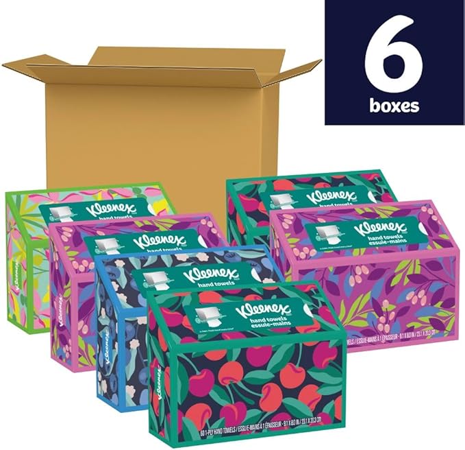 Kleenex Disposable Paper Hand Towels, 6 Boxes, 60 Tissues per Box, Packaging