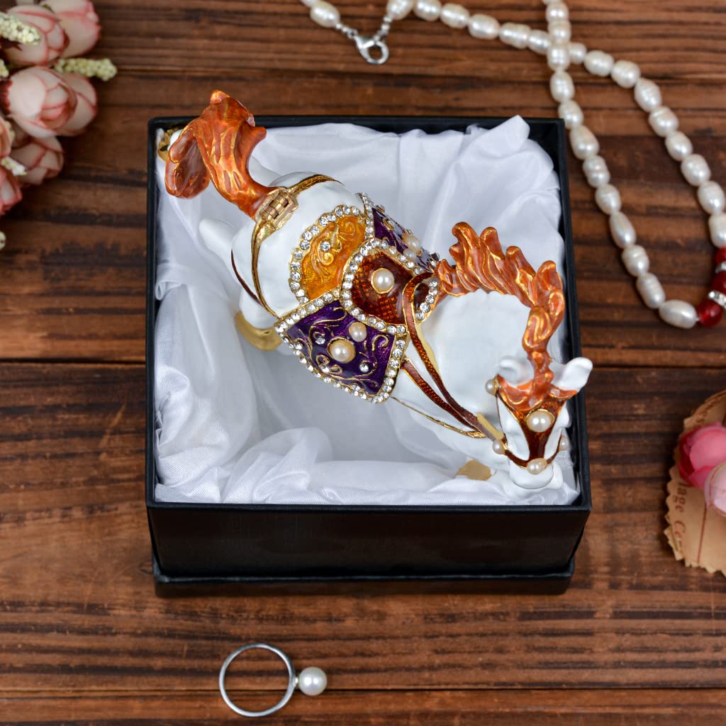 FJ FENGZHIJIE Golden Crystal Enameled Horse Jewelry Box, Hand-Painted Hinged White Horse Trinket Box, Elegant Home Décor & Unique Gift for Equestrians