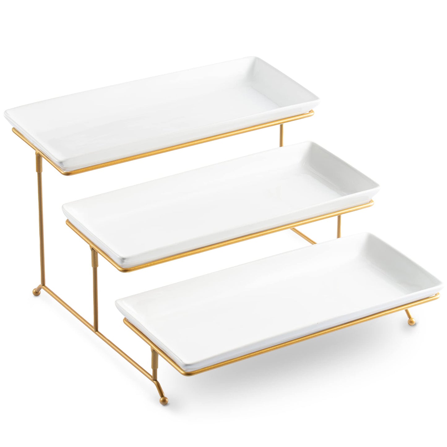 LYEOBOH 3 Tier Serving Stand and Platters Set Large Tiered Serving Platters with Collapsible Sturdier Rack 14 Inches Tiered Serving Tray for Appetizer Fruit, Dessert and Cupcake, White
