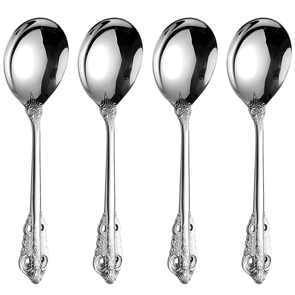 Siaiqiang Gorgeous Large Round Soup Spoons,18/10 Stainless Steel Fine Embossed Texture Soup Spoons Set,Table Spoon Silverware,Bouillon Spoons,Silver (4 pack)