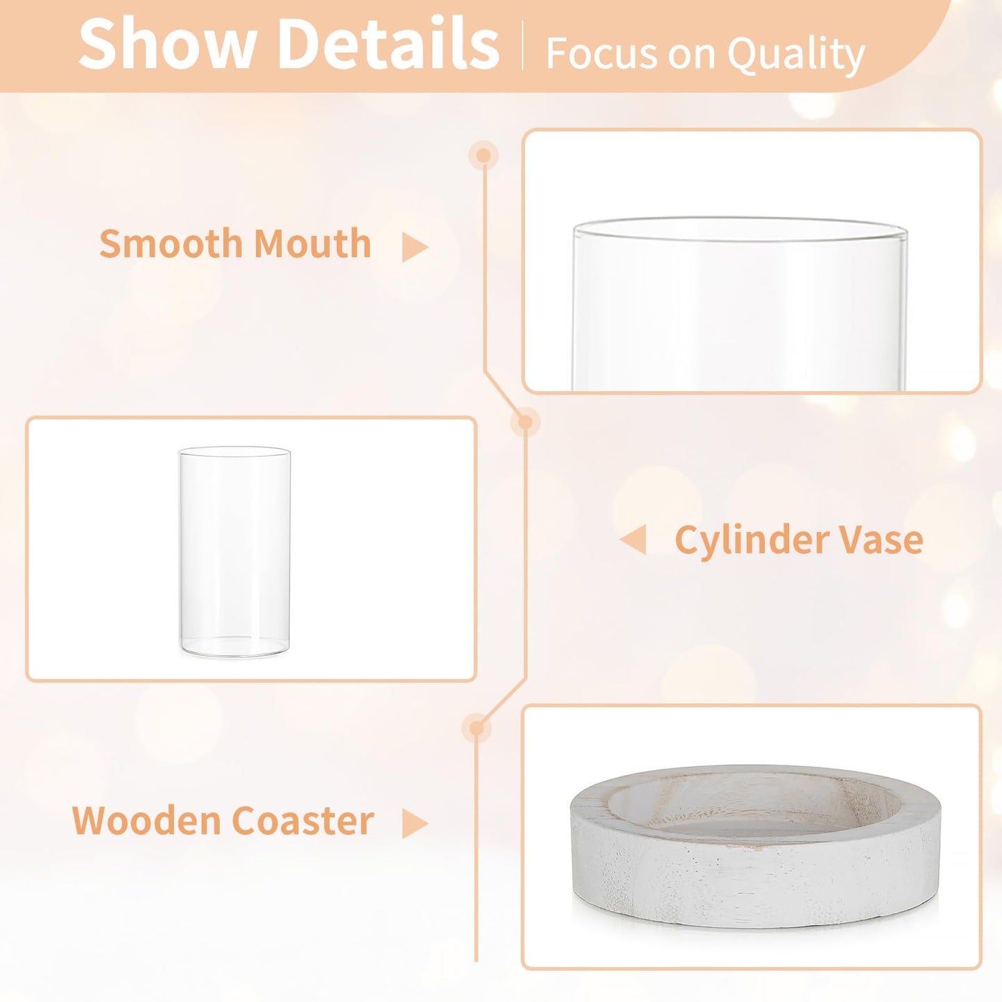 NUPTIO Hurricane Candle Holder for Wedding: Glass Cylinder Vase with Distressed White Wood Plate - Set of 2 Tall Pillar Candles Holder for Christmas Thanksgiving Holiday Decoration