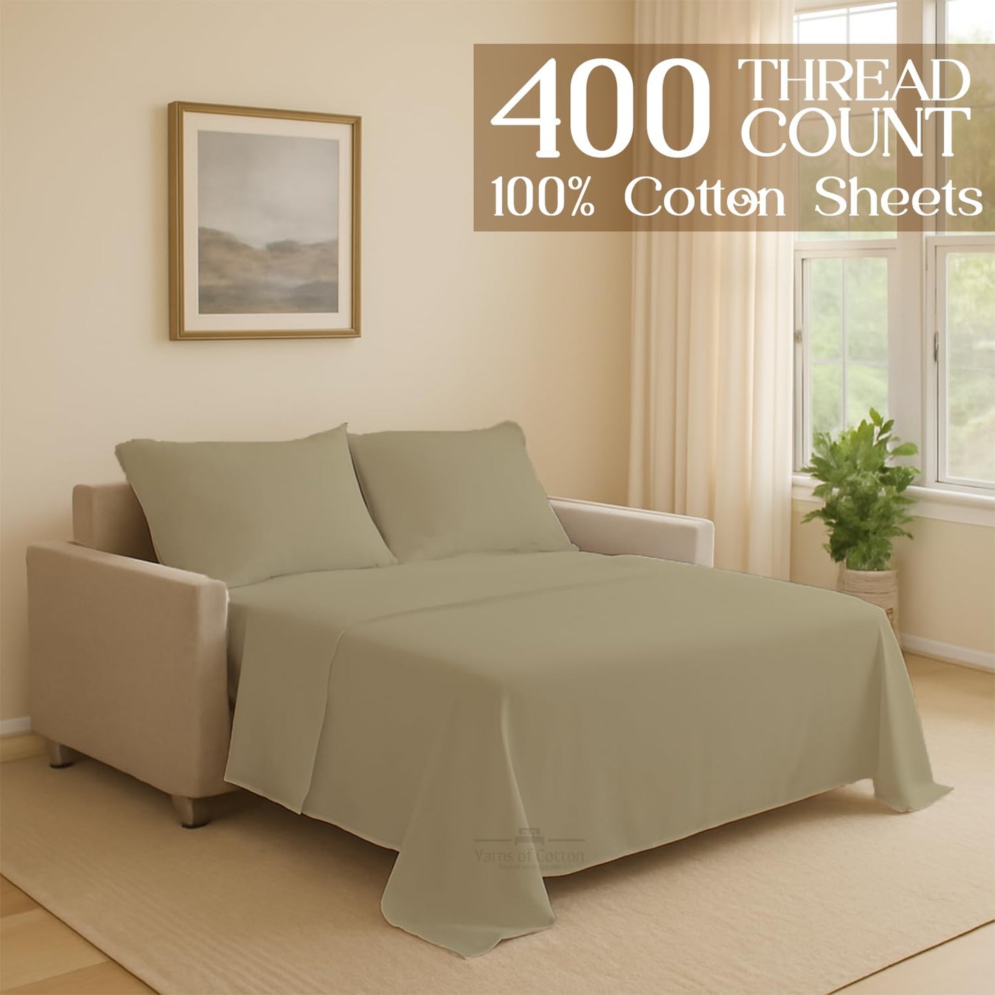 Sleeper Sofa Bed Sheet, 100% Cotton 400 Thread Count, 4 Piece Set, Deep Pocket Fitted Sheet, Soft Wrinkle Free & Breathable, Luxury Hotel Quality, Fits Up to 6 Inch Mattress (Full, Beige)