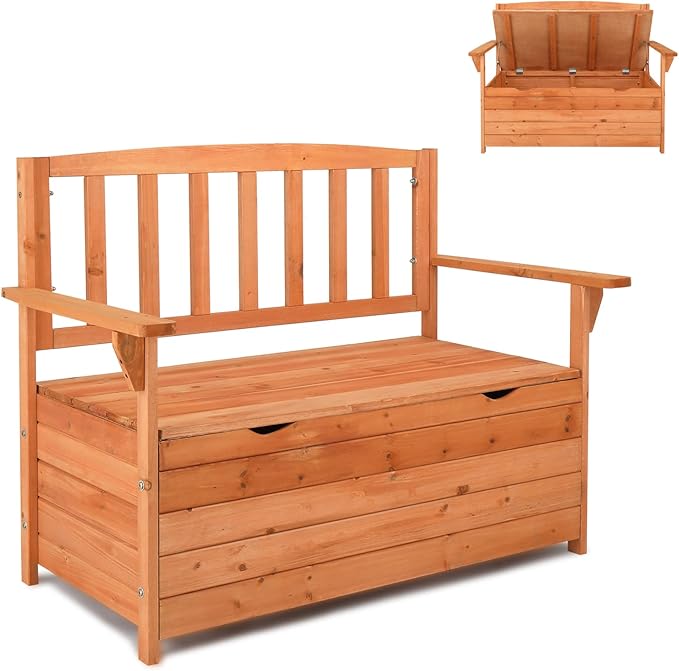 Outvita Outdoor Wood Storage Bench, Wooden Large Deck Box with Seating & Armrest, Waterproof Patio Organizer Loveseat for Garden Porch Deck Backyard Poolside, Natural