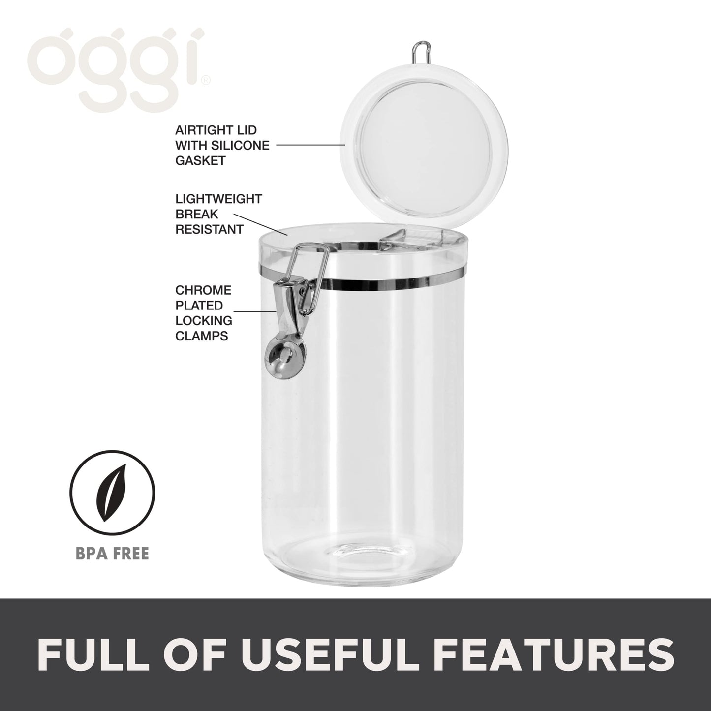 Oggi Large Clear Canister with Clamp Lid, 72 oz - Large Airtight Food Storage Container, for Kitchen & Pantry Storage of Bulk, Dry Foods, Pasta, Flour, Sugar, Coffee, Rice, Tea, Spices & Herbs