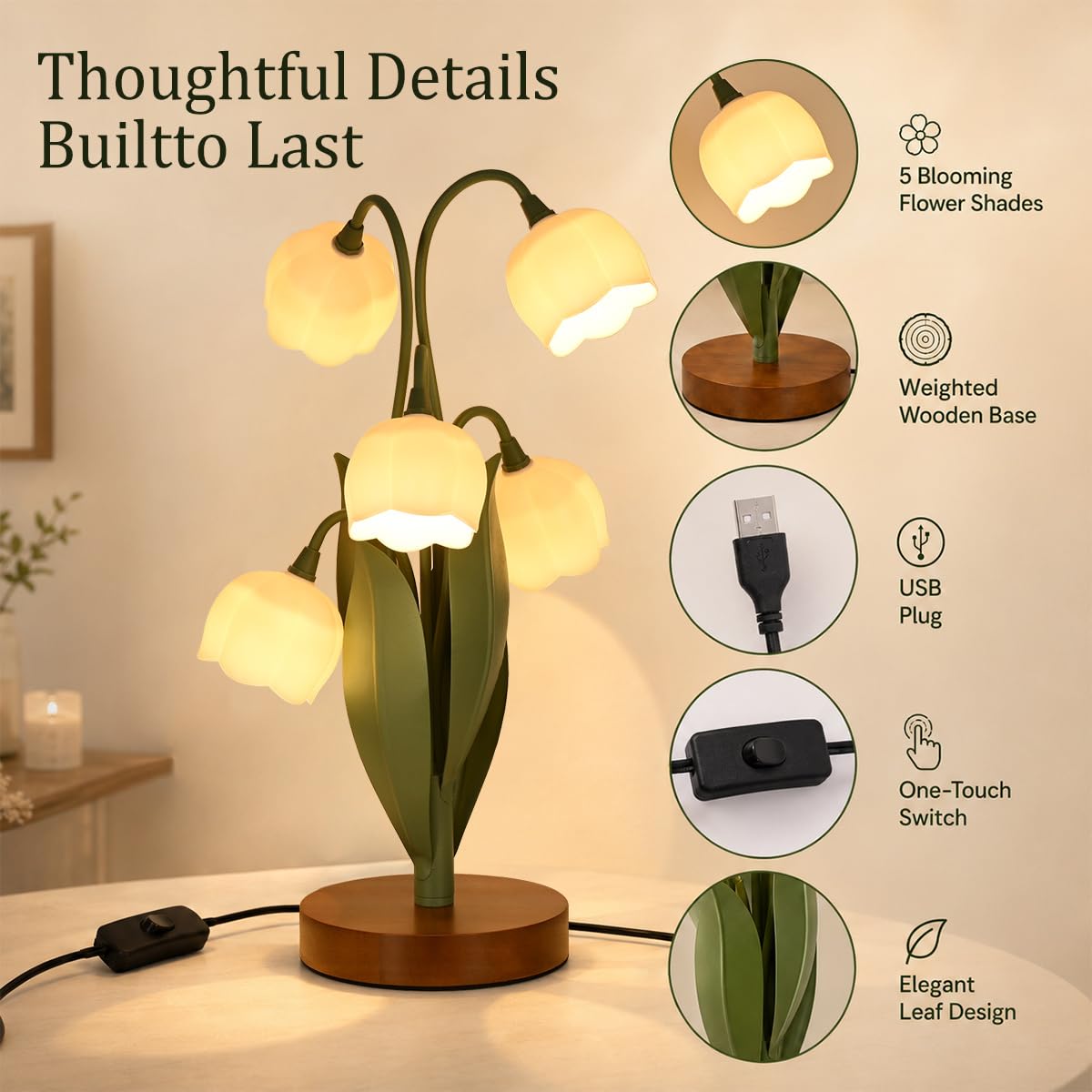 Flower Table Lamp for Bedroom, Cute Flower Reading Light with 5 White Lily of The Valley, Desk Lamp Bedside Lamps for Nightstands Home Decor,Soft Reading Night Light for Bedroom Living Room Office