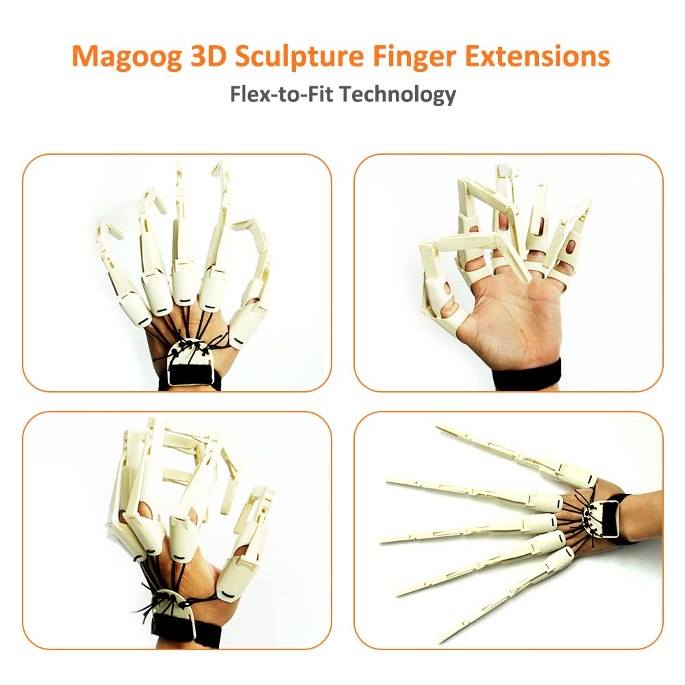 Magoog Halloween Articulated Fingers with Gloves, Articulated Finger Extensions, Scary Skeleton Bone Claw Hand, 3D Printed Novelty Props for Cosplay, Fits Most Fingers Sizes, White
