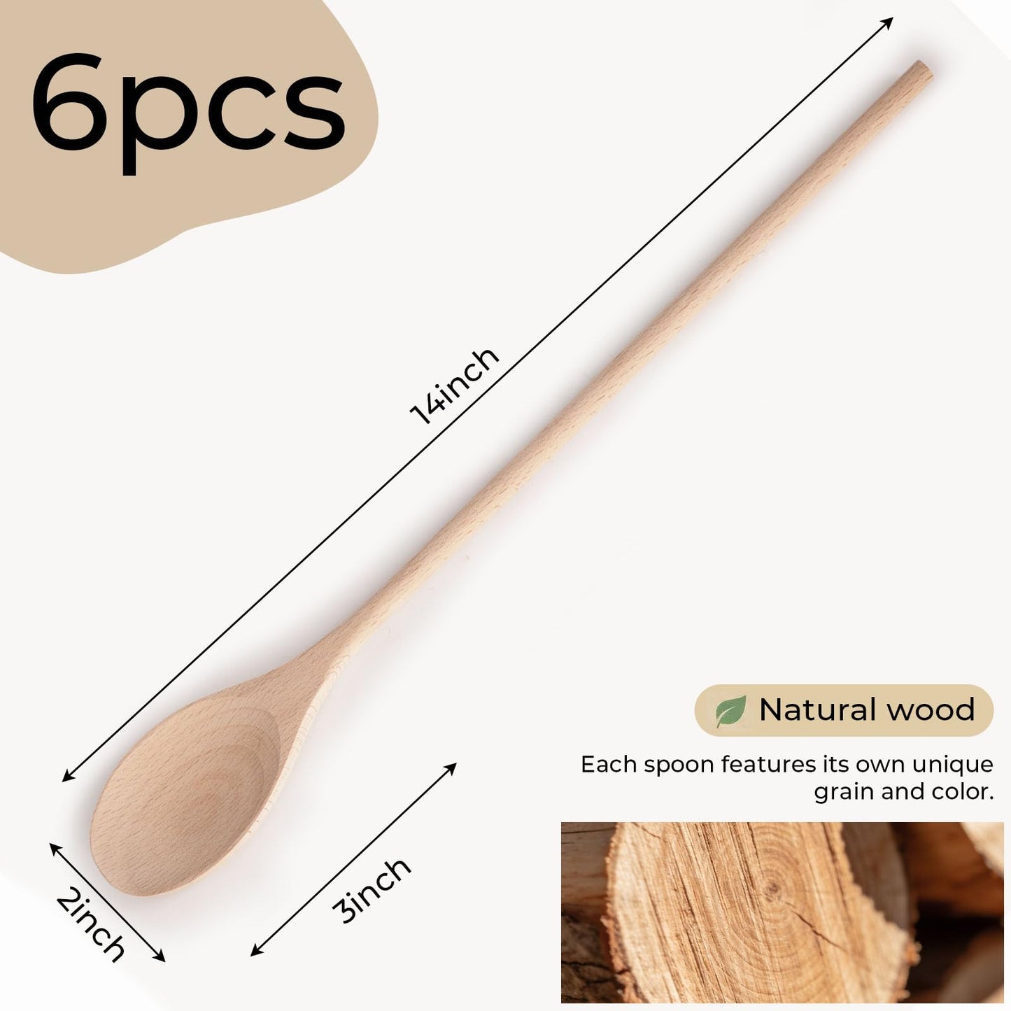 HANSGO 6PCS Wooden Spoons, 14 Inch Long Handle Cooking Spoons for Deep Pots, Wooden Utensil Set for Stirring Soups, Sauces, Stews and DIY Crafts, Sturdy & Lightweight