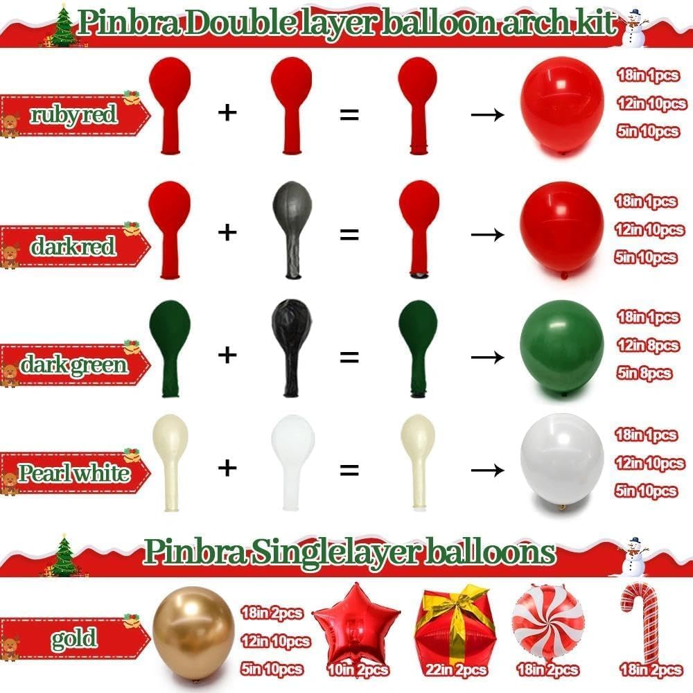 Christmas Balloons Garland Arch Kit, Double Stuffed Dark Green Red Gold Pearl White Balloons for Christmas New Year Xmas Holiday Birthday Party Decorations