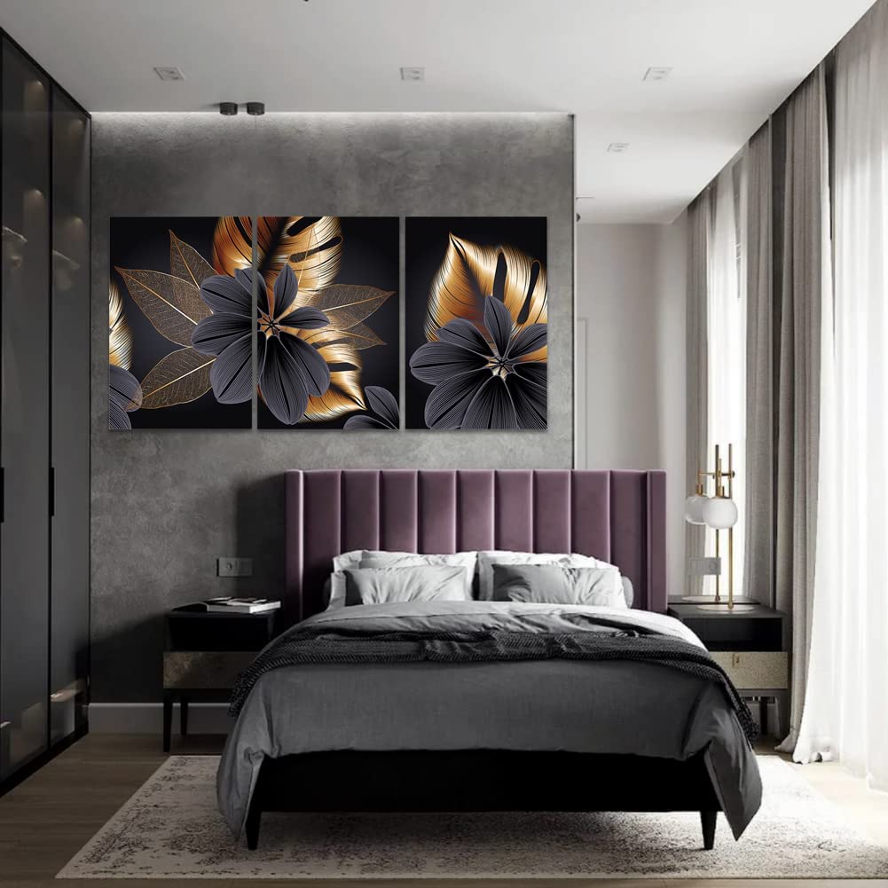 ConBlom Set of 3 Canvas Wall Art Painting - Modern Abstract Black Golden Leaf Plant Nordic Decorative Artwork for Bedroom Kitchen Living Room Home Decor (40 x 60cm- No Frame)