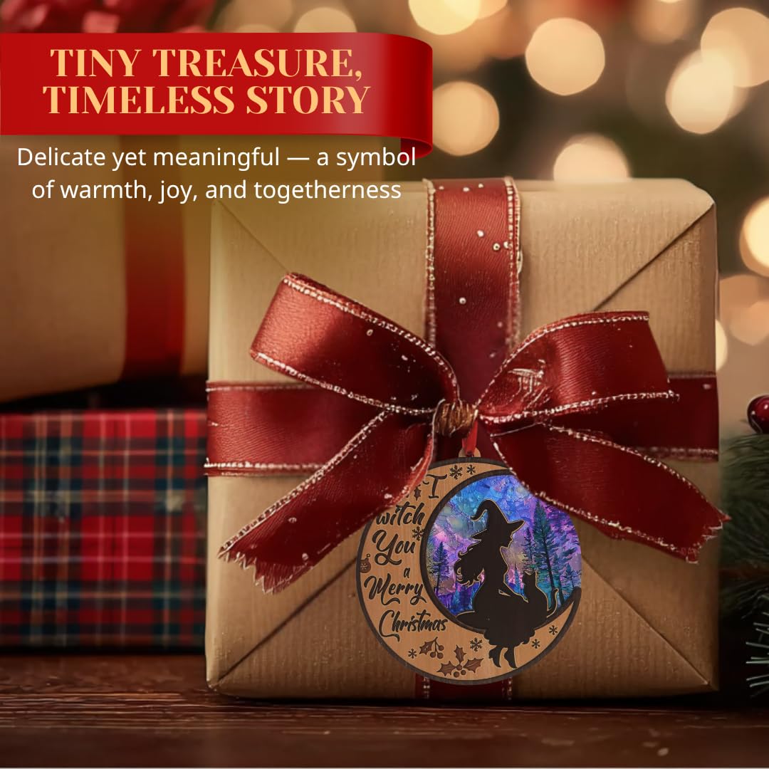 Witchy Christmas Ornaments, Shatterproof 3D Wood and Acrylic Witch Ornament on Crescent Moon, Magical and Gothic Holiday Decoration for Christmas Tree, Unique Spiritual Gift for Women, Friends