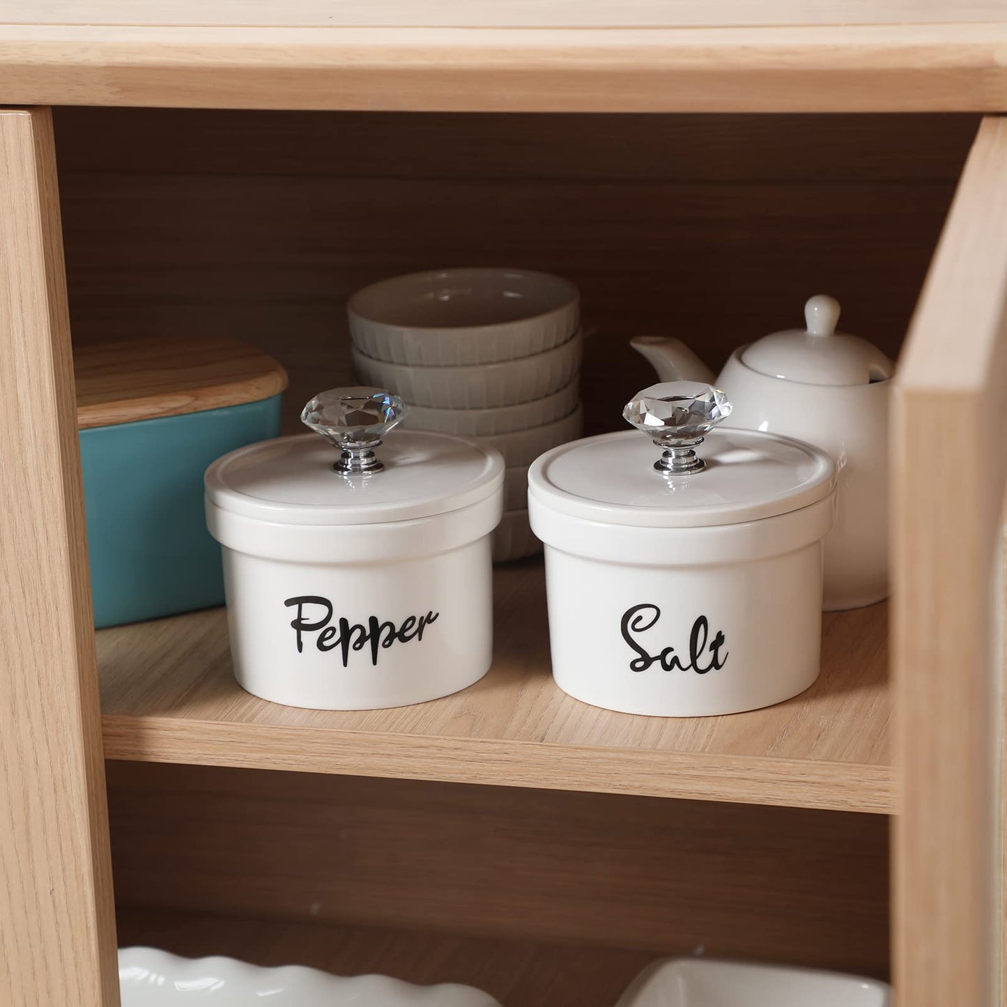 HAOTOP Salt and Pepper Bowls with Crystal Lid, 12.5 oz Ceramic Salt Pepper Container for Countertop,Farmhouse Kitchen Decor, Set of 2 (Silver)