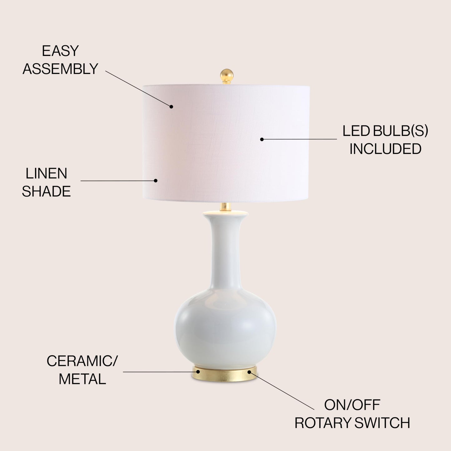 JONATHAN Y 27" White/Gold Ceramic Table Lamp for Living Room Bedroom, Modern Transitional Nightstand Lamp with White Linen Drum Shade, LED Bulb Included JYL6208A