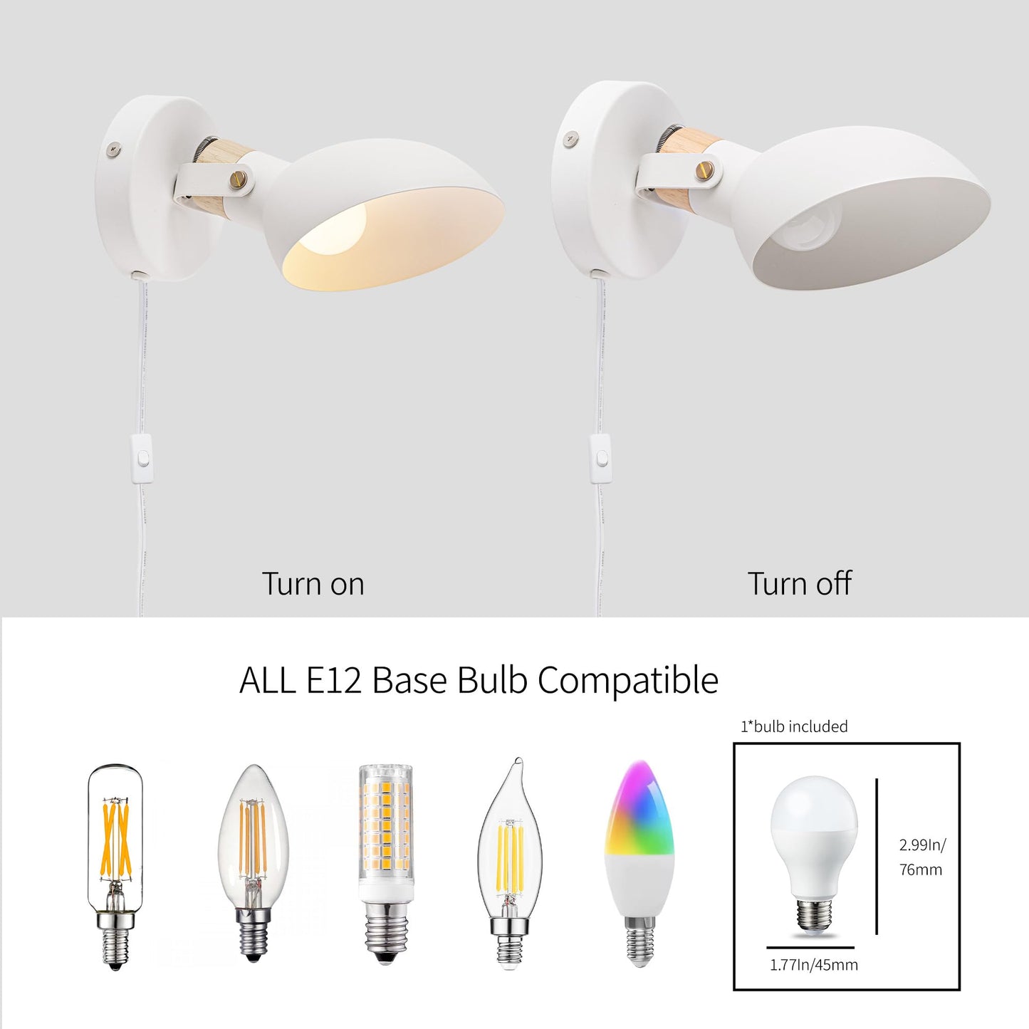 Aisilan Modern Wall Sconce with Plug in Cord and On Off Switch 5W E12 Bulb Matte White Swivel Wall Light for Bedside Living Room Corridor Hotel 3000k White