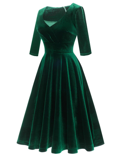 Bbonlinedress Women Long Sleeve Velvet Formal Vintage Cocktail Party Winter Christmas Wedding Guest Dress V-Dark Green XL