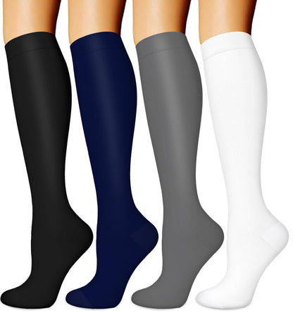 BLONGW Compression Socks for Women & Men Circulation (4 Pairs) 15-20 mmHg is Best Support for Nurses Running Hiking Travel, 04 Black/Navy/Gray/White, S-M