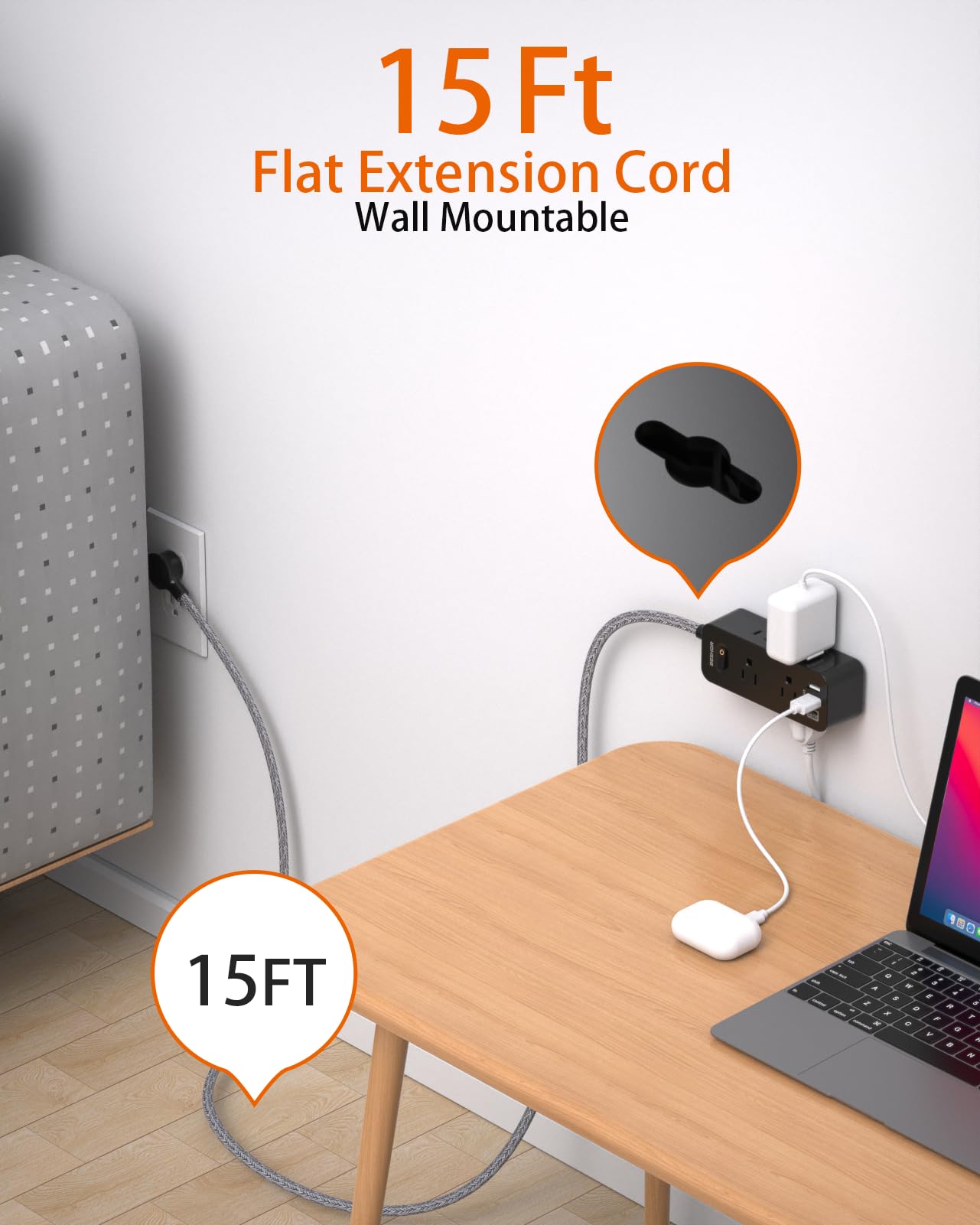 Power Strip Surge Protector, BESHON 5Ft Extension Cord, 6 Outlets with 4 USB Ports (2 USB C Outlet), 3-Side Outlet Extender, Wall Mount, Compact for Travel, Home, School, College Dorm Room and Office