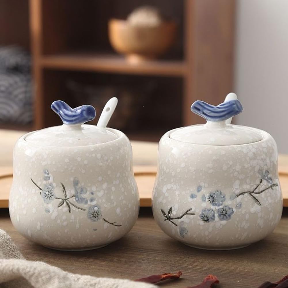 YMYL Ceramic Sugar Bowl with Lid and Spoon, 13.5oz Elegant Blue Floral Pattern Sugar Jar Sugar Container Sugar Dispenser Coffee Bar Accessories, Modern Kitchen Decor