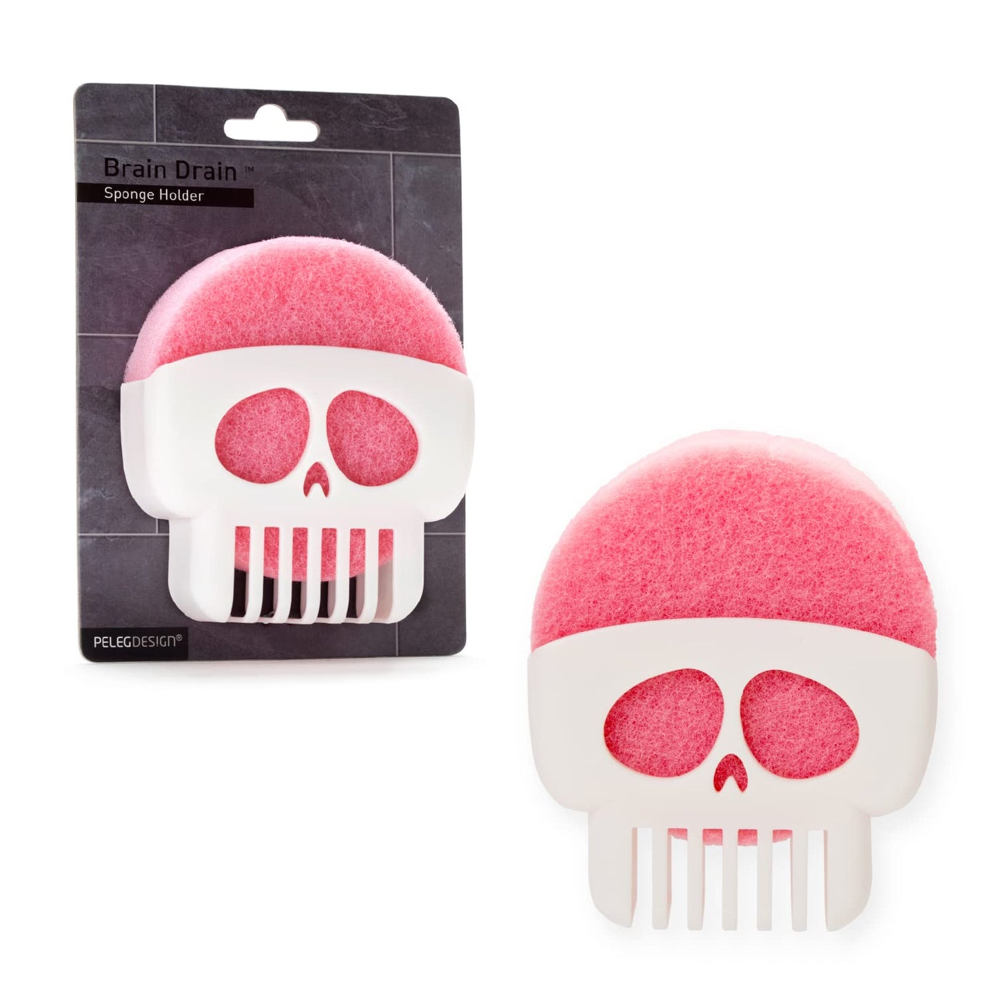 Peleg Design Brain Drain White Skull Sponge Holder for Kitchen, Bath, or Sink, Drains and Dries All Types of Sponges, 1 Sponge Included